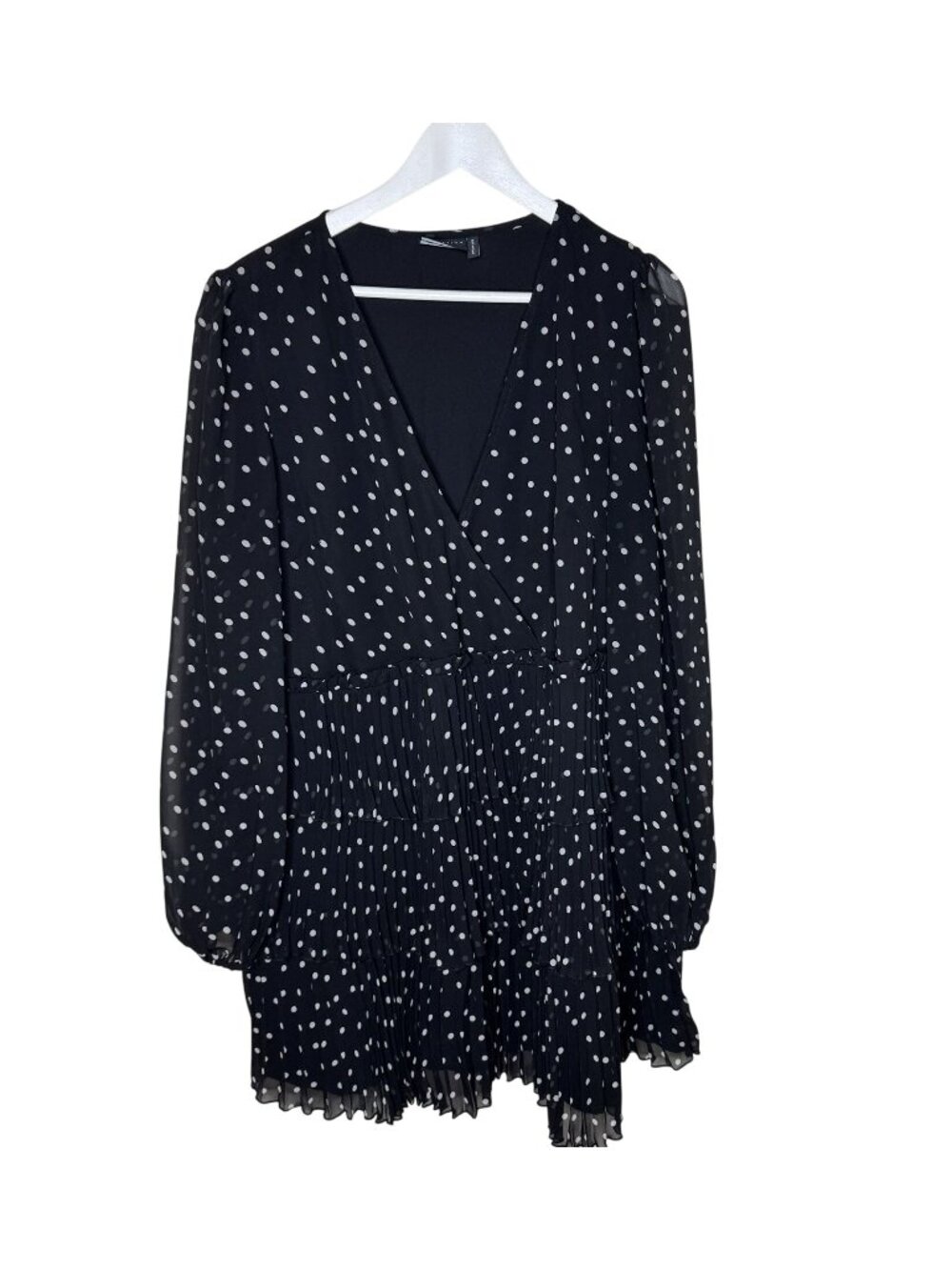 ASOS Design Black Polka Dot Pleated Mini Dress, Long Sleeves, Size 12